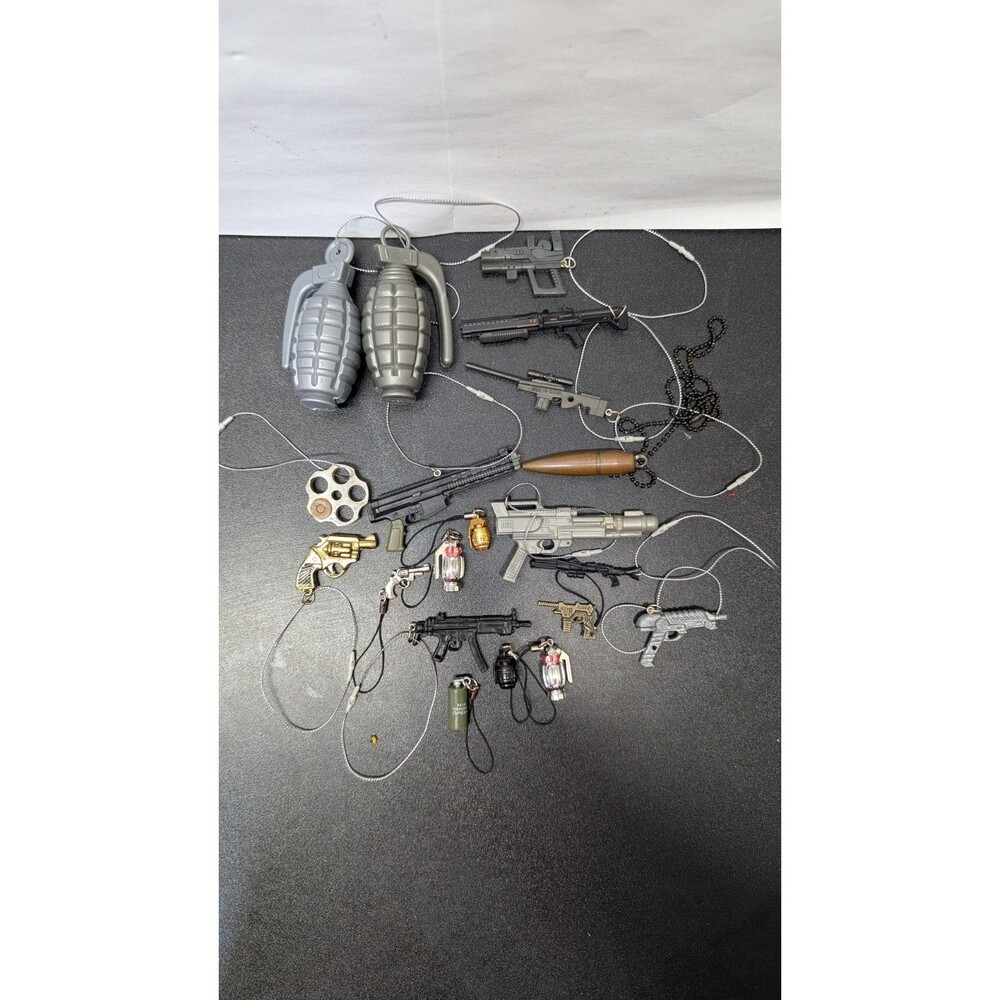 20pc Guns & Ammo Ornament / Charm Lot – Grenade, Bullet, Rifle, Pistol – Zipper
